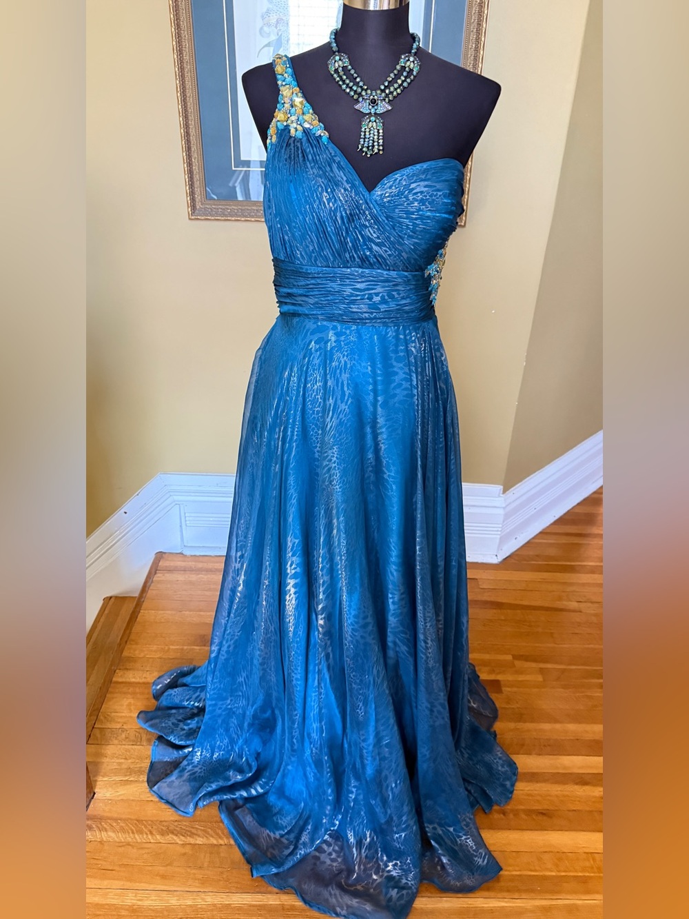 Camilla Teal Blue One-Shoulder Evening Gown with Beaded Strap